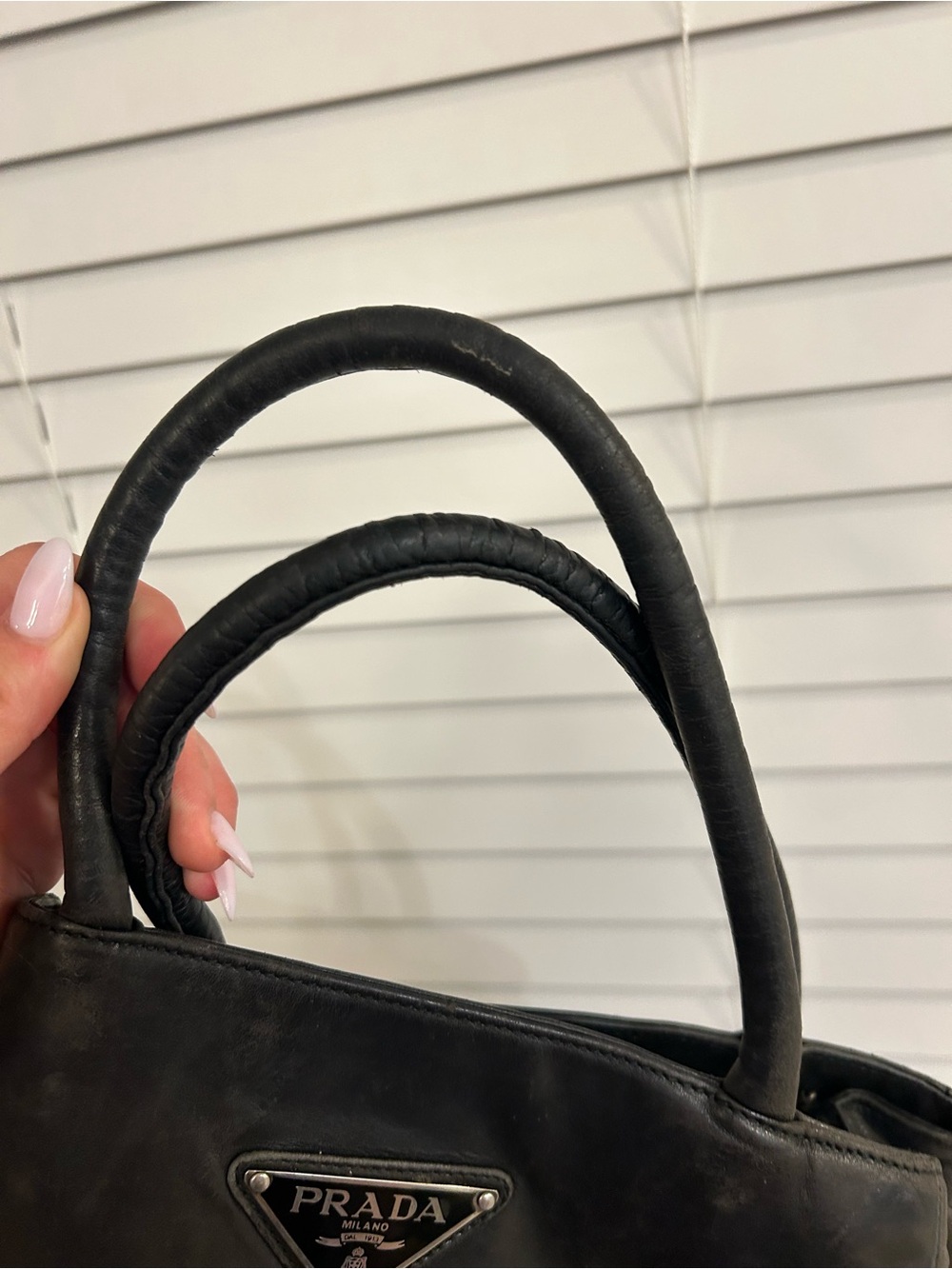 Prada Black Leather Satchel with Triangle Logo - Picture 7 of 8